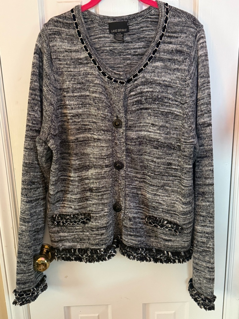 Lane Bryant Black & Gray Marled Button-Front Cardigan with Decorative Trim